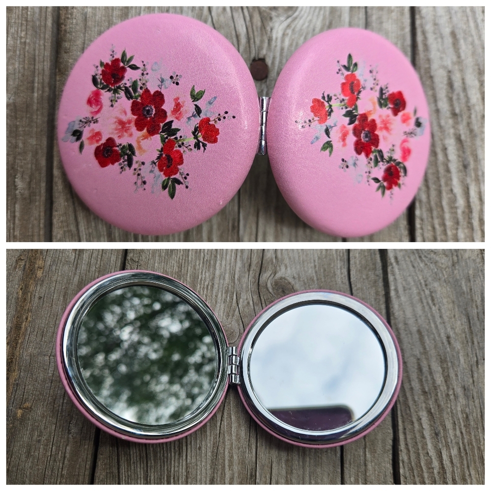 Vtg. Pink Floral Compact Makeup Mirror Vinyl & Stainless Steel